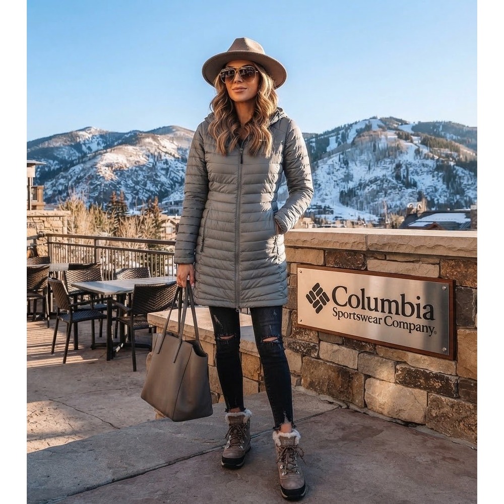 Columbia Gray Powder Lite Hooded Long Puffer Jacket Parka Omni-Heat XS